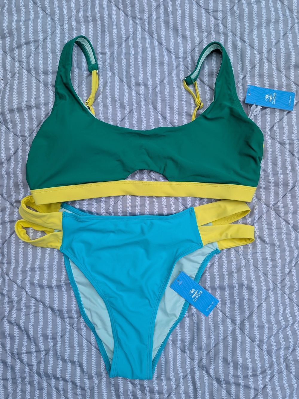 Cupshe Colorblock Green, Teal & Yellow Bikini Set Size XL